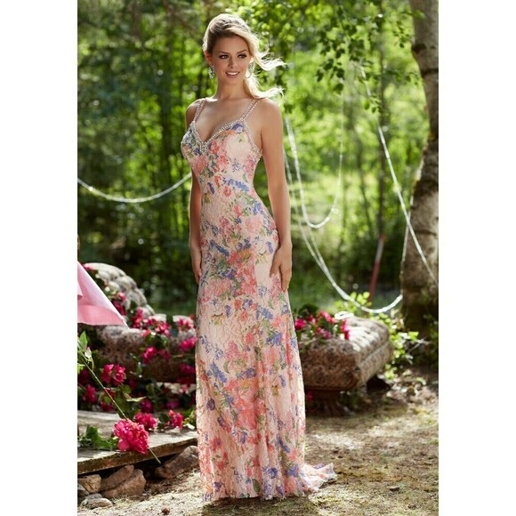 Morilee Floral Lace Prom Dress 99117 Pink Bouquet - Picture 1 of 10